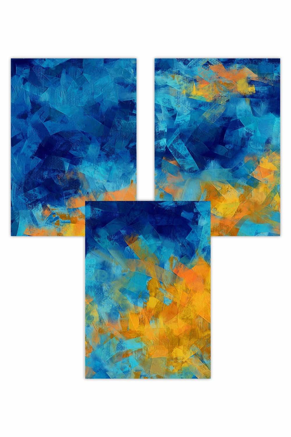 Set of 3 Geometric Abstract Cerulean Shore In Blue and Yellow Art Posters